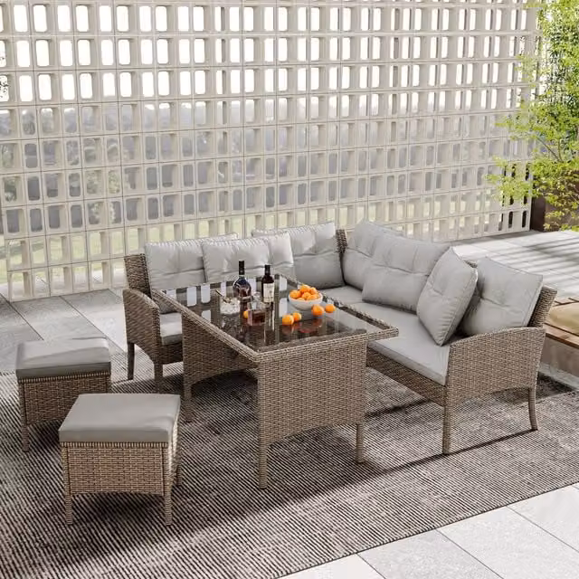 Home Touch Interior 7 Seater Modern Outdoor Garden Dining Set with Rattan Corner Sofa and Glass Top Table in Brown