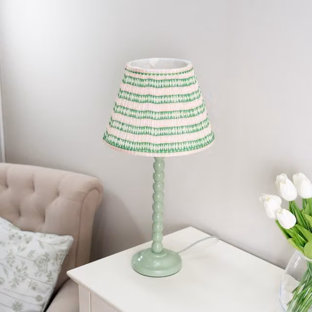 Bobbins Sage Green and Pink Table Lamp with Ceramic Base, Wood Accents and Fabric Pleated Shade including LED Bulb