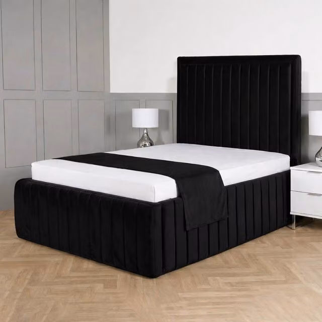 Living Comfort Bedz Saint Germain Plush Upholstered Super King Bed with 48 Inch Headboard and Slatted Base in Black