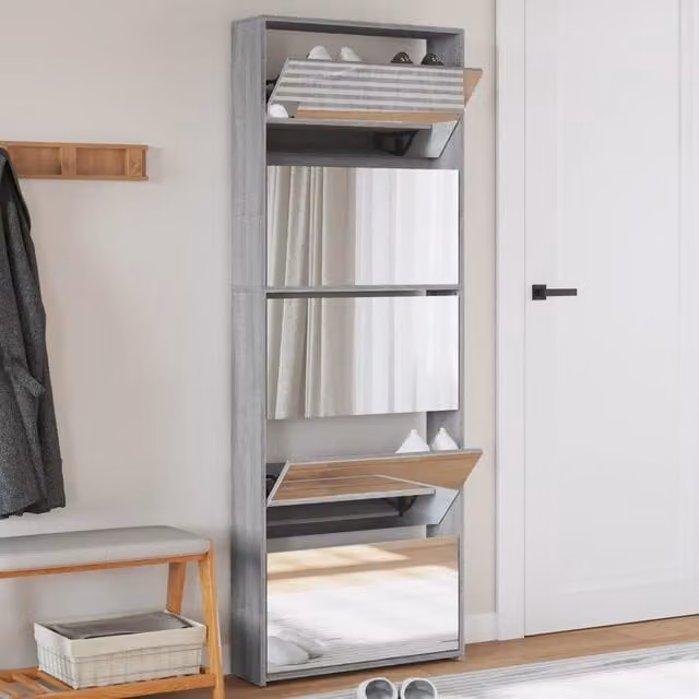 Berkfield Home Modern Grey Shoe Cabinet with Mirror and Tilting Compartments, W: 63 cm, D: 17 cm, H: 169.5 cm