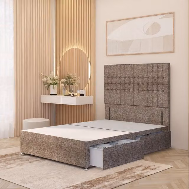 Somnior Beds Ltd Lexington Divan Bed Base with 54 inch Floor Standing Headboard in Brown Tweed Fabric with Drawers, W/D/H: 90 x 190 cm