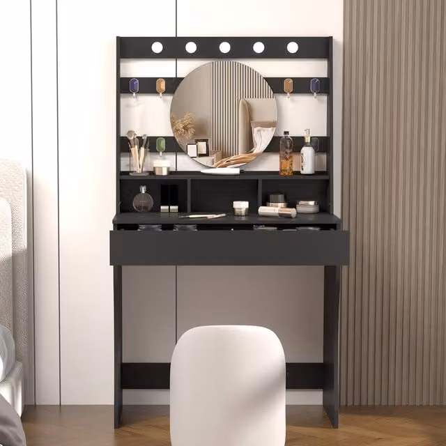 KEEPREAPER Modern Hollywood LED Dressing Table in Matt Black