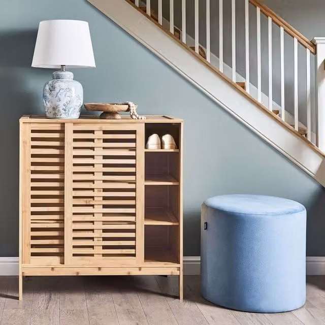 Wyld and Coco Brown Bamboo Sideboard Shoe Cabinet with Slatted Sliding Doors