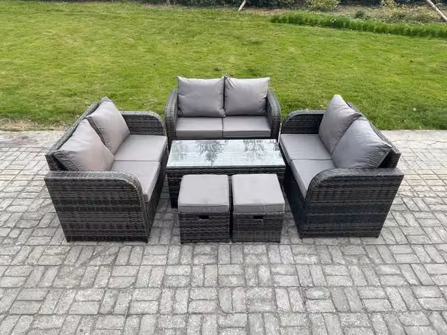 Fimous 6 Piece Grey Rattan Garden Furniture Set with 2 Seater Sofa, Coffee Table and 2 Footstools