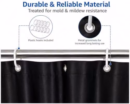 KAV Black Polyester Tiles Patterned Waterproof and Mould Resistant Shower Curtain, W/D/H: 180 x 180 x 0 cm