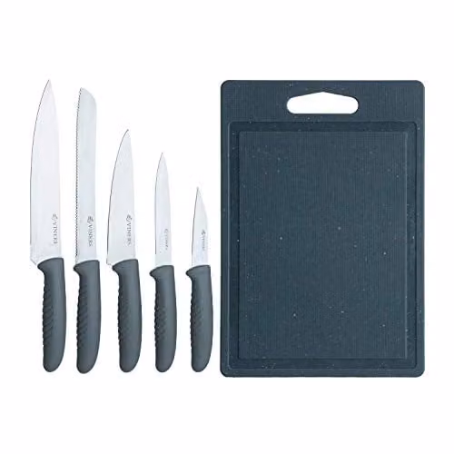 Viners 5 Piece Knife and Chopping Board Set with Stainless Steel Knives and Grey Handles