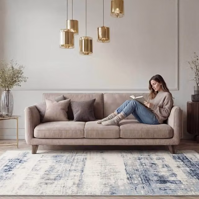 Kukoon Abstract Modern Distressed Area Rug in Blue and Beige for Living Rooms and Hallways, W: 120 cm, L: 170 cm