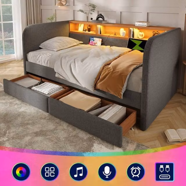 Matteo Grey Upholstered Single Daybed with Under-Bed LED Lighting, USB Charging Port and Drawer Storage, W/D/H: 90 x 190 cm