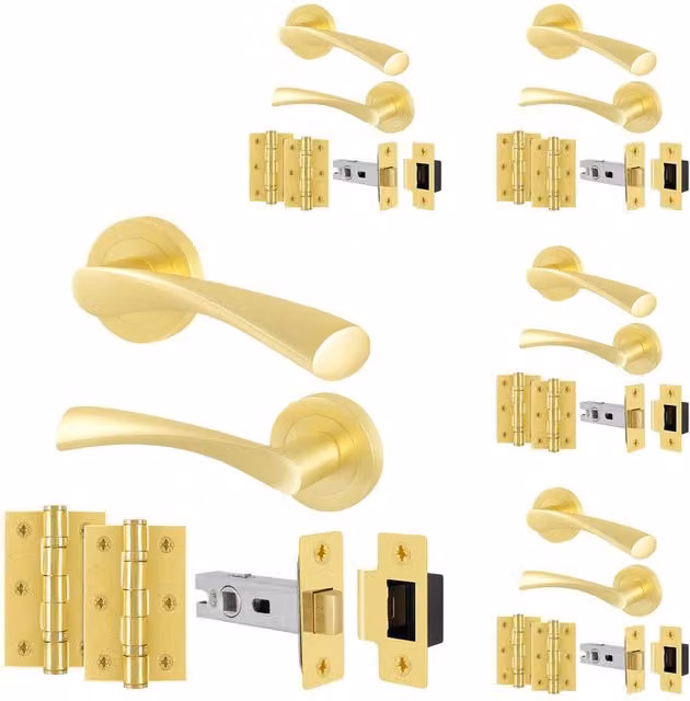 AFIT Novi Satin Brass Door Handle Rose, Latch and Hinges Set in Gold, Rosette Diameter: 100 mm