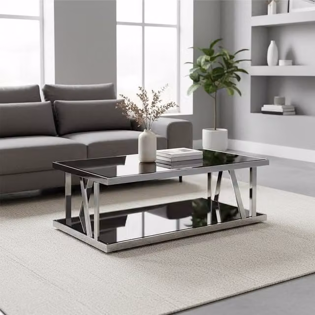 Orsina Modern Rectangular Black Glass and Silver Metal Coffee Table W/D/H: 130 x 70 x 42 cm