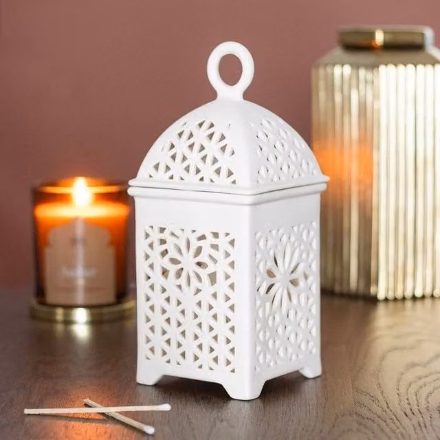 Uniqueful White Ceramic Lantern Multi Purpose Tealight and Pillar Candle Burner