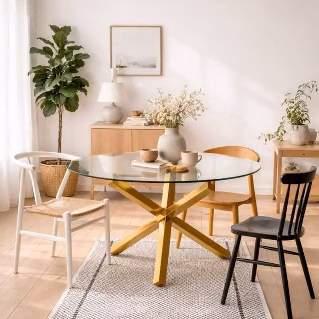 Wyld Haus San Sebastian Round Glass Dining Table for 4 People in Transparent and Gold