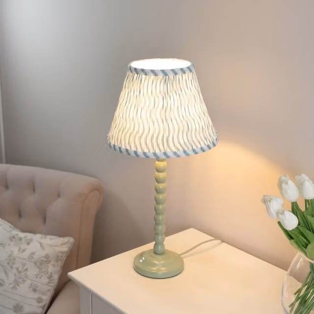 ValueLights Bobbins Green Table Lamp with Fabric Shade and LED Bulb