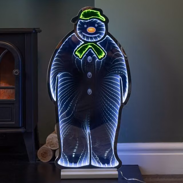 Samuel Alexander The Snowman LED Infinity Christmas Decoration with Wooden Base, White and Multicolour, H 60 cm x W 30 cm x D 30 cm