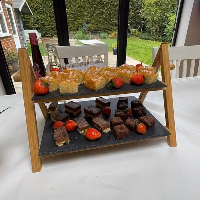 VanGogh 2 Tier Solid Bamboo and Grey Slate Rectangular Cake Stand