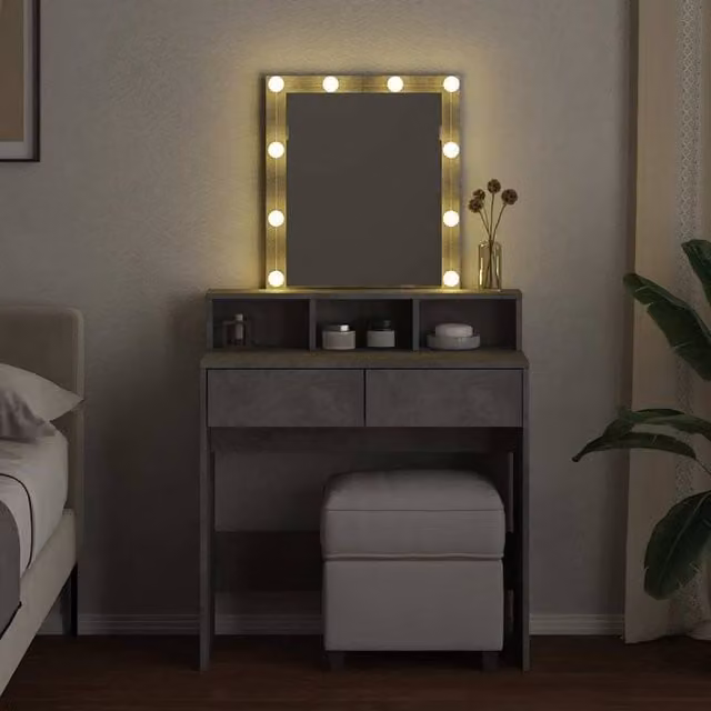 Berkfield Home Beautiful Dressing Table with Hollywood LED Mirror in Concrete Grey, W: 80 cm, D: 41 cm, H: 144.5 cm