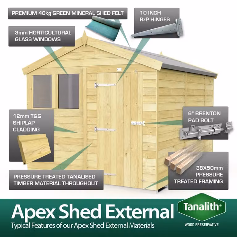 Buttercup Farm Apex Security Wooden Shed with Single Door in Brown, W175 x D243 x H217 cm