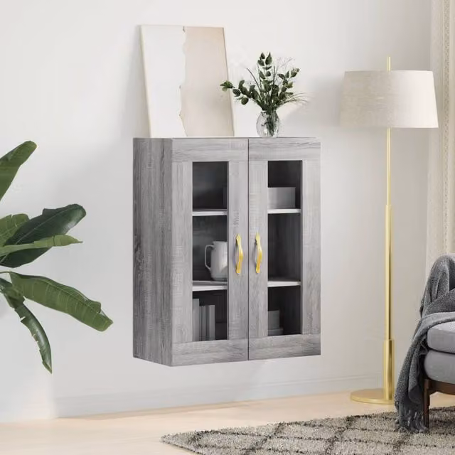 Berkfield Home Wall Mounted Cabinet in Grey with Glass Doors, W: 69.5 cm, D: 34 cm, H: 90 cm