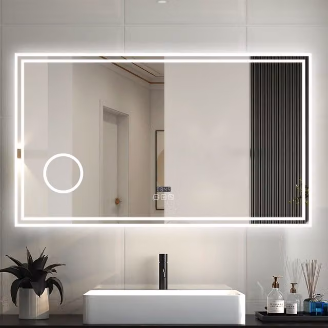 AicaBathroom Dimmable LED Bathroom Mirror with Bluetooth Speaker and Touch Control, White, Width: 100 cm