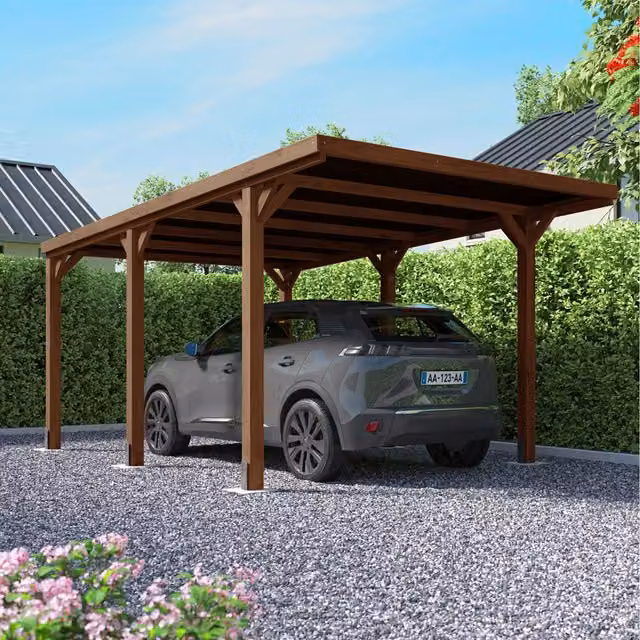 Cerland Victor Brown Wooden Lean-to Pent Carport with Polycarbonate Roof and Surface-Mounted Feet