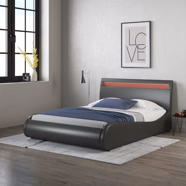 SlumberWorx Orion Upholstered Faux Leather Bed Frame with LED Headboard and Integrated Reading Light, Black, 140 x 200 cm