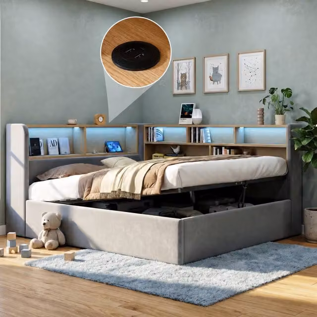 Rolipo Grey Velvet Double Bed with Hydraulic Storage, LED Lighting and USB Charging Port, W/D/H: 140 x 200 cm