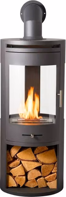 OKO S7 Bio Ethanol Panoramic Stove with Log Storage and Angled Metal Pipe in Dark Grey