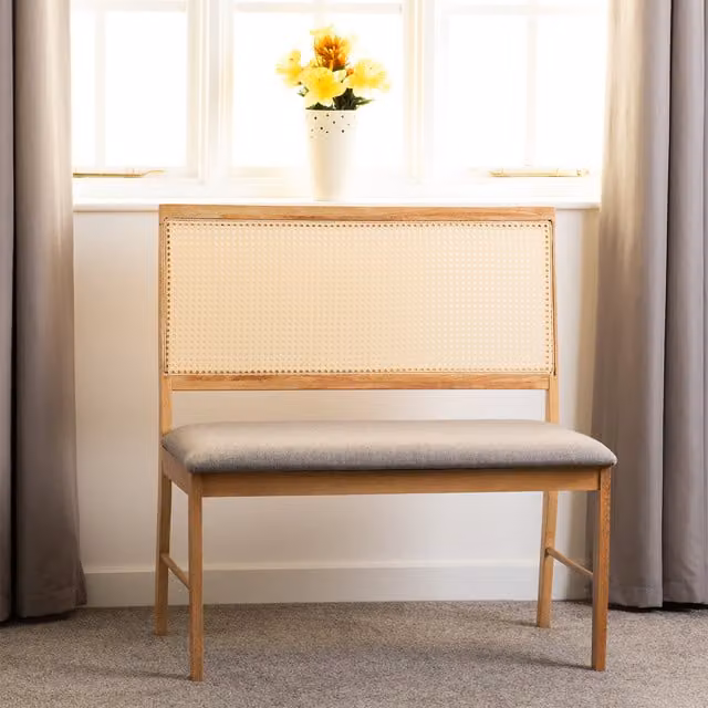 Seconique Ellis Dining Bench in Oak Effect with Grey Fabric and Rattan Details