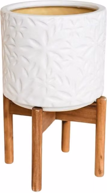 Lemon Pavilion Furniture and Decor Aspen White Ceramic and Wood Flower Planter, W: 22 cm, D: 22 cm, H: 34 cm
