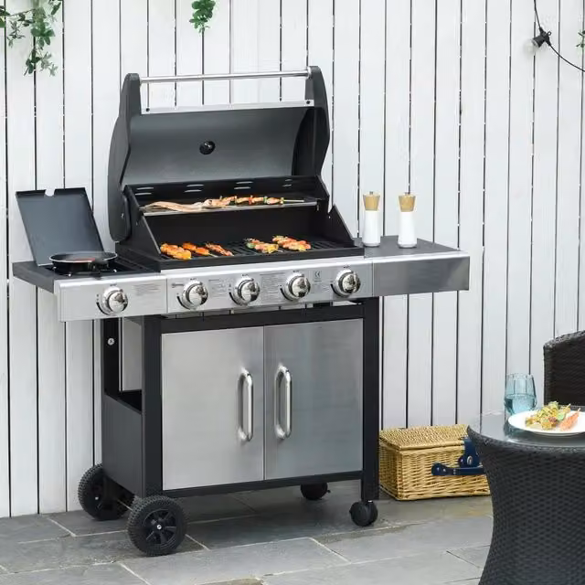 Chilli Furniture 4 in 1 Gas Barbecue Grill and Garden Smoker BBQ Trolley with Side Burner and Warming Rack in Grey