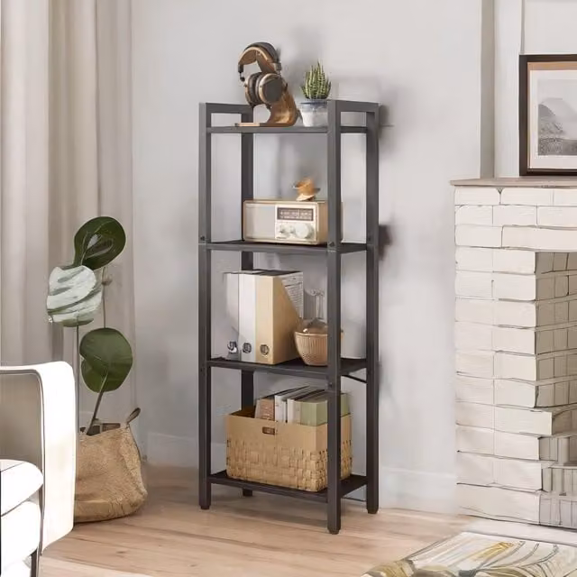 FURNOS 4 Tier Black Matt Metal and Composite Storage Shelf for Living Room, Bedroom or Kitchen, H 107.0 x W 40.0 x D 24.0 cm