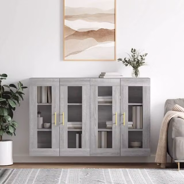 Berkfield Home Wall Mounted Cabinets with Glass Doors, 2 Piece Set in Grey Sonoma Matt Finish