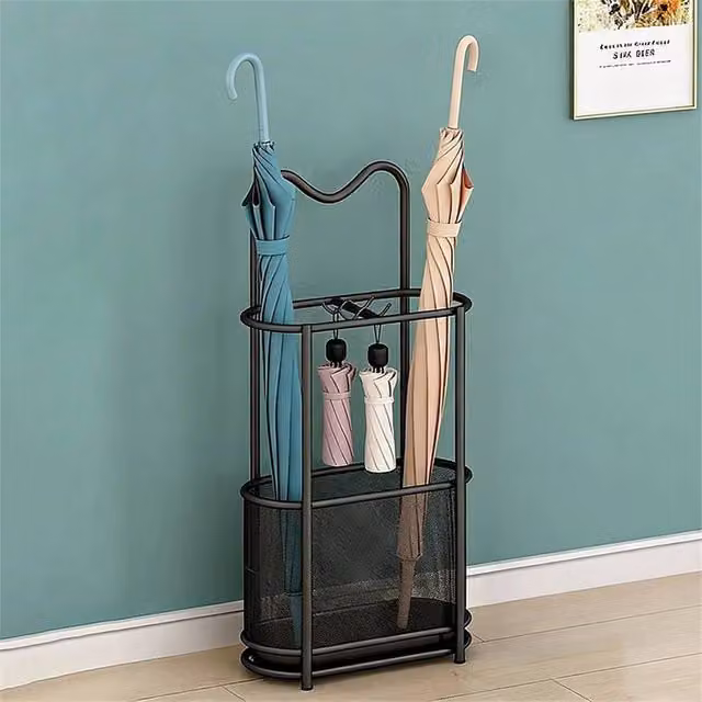 Nordara Black Metal Freestanding Umbrella Stand with Removable Drip Tray and Hooks, H 100 cm x W 15 cm x D 15 cm
