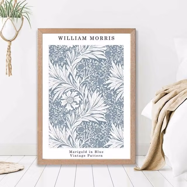 ARTZE William Morris Marigold in Blue Art Print with Oak Frame, A2, Mid Blue Floral Illustration