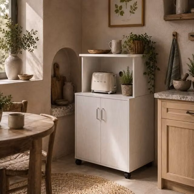 Wyld Haus Fari Move White Microwave Stand and Kitchen Trolley Storage Cabinet with Hinged Doors and Internal Shelves W/D/H: 60.4 x 40.3 x 97.0 cm