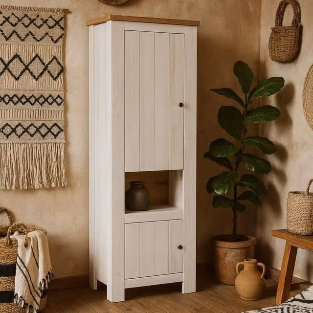 Wyld Haus Tipsyfern Modern 2 Door Tall Cabinet in White and Oak, W/D/H: 74.4 x 38.5 x 200.0 cm