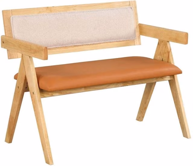 VOGREX Mid-Century Brown Rubberwood Dining Bench with Armrests and Synthetic Leather Upholstery
