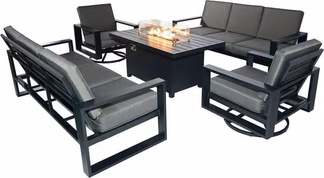 Furniture One Grey Powder Coated Aluminium Garden Sofa Set with Fire Pit Table, Two 3-Seater Sofas and Two Swivel Chairs