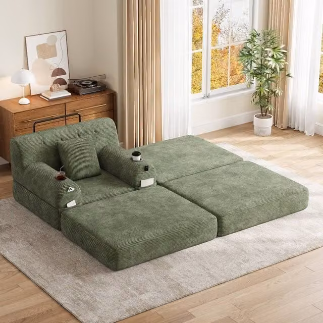 Rolipo Green Corduroy 1-Seater Sleeper Chair and Sofa Bed with Cup Holders