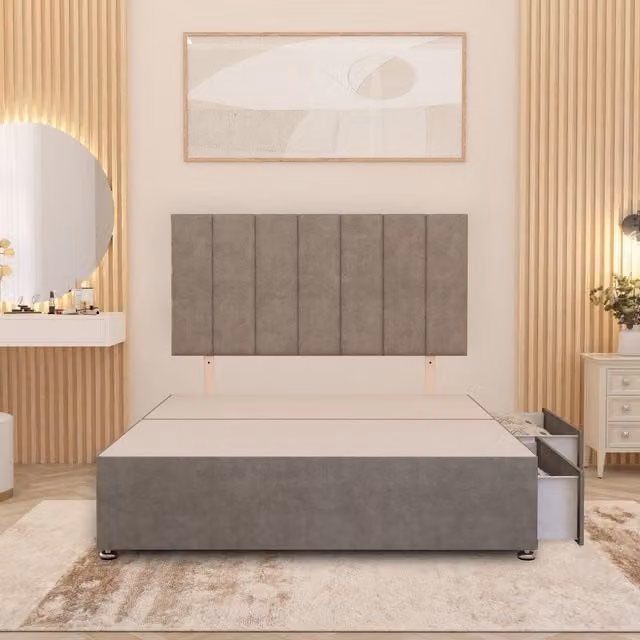 Somnior Beds Ltd Austin Divan Bed Base with 32 inch Headboard and Storage Drawers in Silver Grey Plush Velvet, W/D/H: 140 x 200 cm