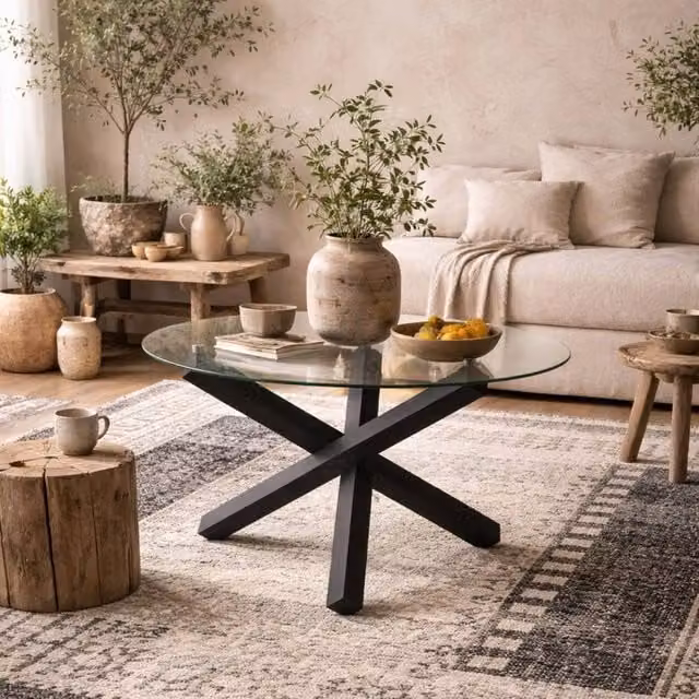 Wyld Haus Sansa Round Glass Dining Table with Black Metal Base, 4 Seater