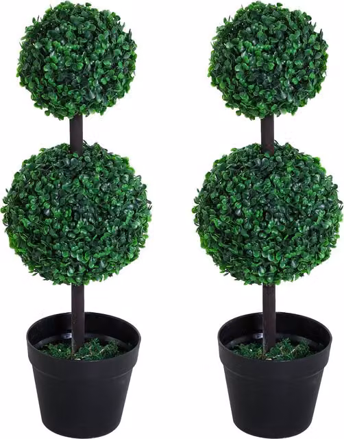 Outsunny Set of 2 Green Artificial Boxwood Ball Topiary Trees in Black Pots, Height: 67 cm