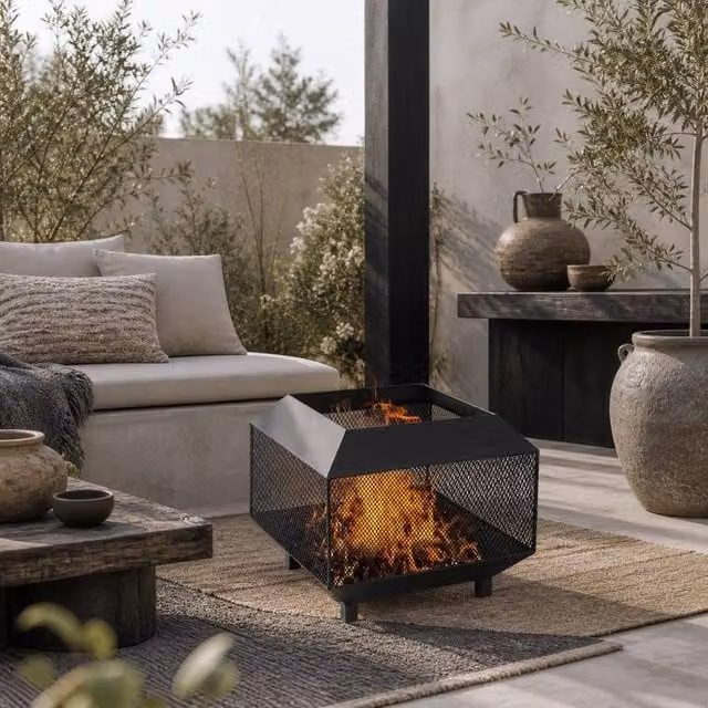 Wyld Haus Dita Black Steel Square Fire Pit with Mesh Lid and Poker, W/D/H: 44 x 44 x 40 cm
