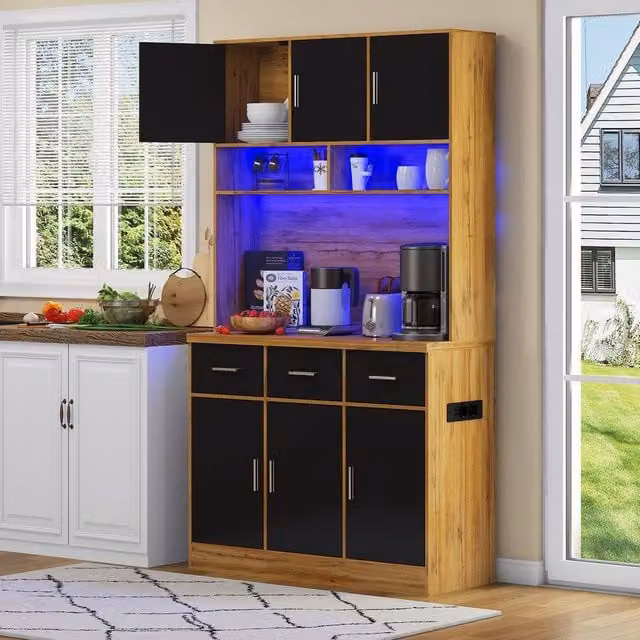 Rolipo Modern Black Matt Kitchen Pantry Cabinet with LED Lighting and Internal Drawers, Height: 180 cm