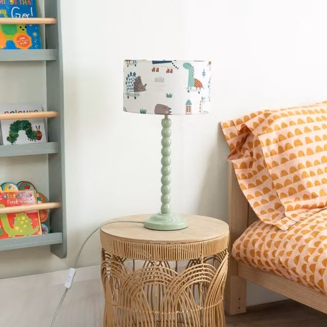 ValueLights Green Bobbin Stem Table Lamp with Fabric Drum Shade and LED Bulb, Sage Green