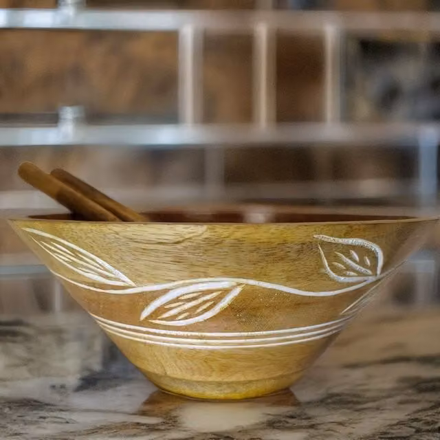 Hartsmede Hand Carved Wooden Serving Bowl with Spoons in Brown and Beige Leaf Design