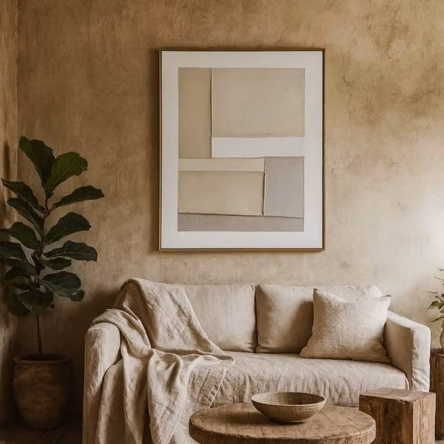Wyld Haus Chalaronne Framed Geometric Abstract Canvas Wall Art in Brown, Sand, Grey, White and Beige