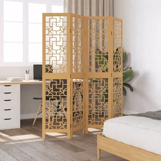 Berkfield Home 4-Panel Geometric Room Divider in Brown and Beige Solid Paulownia Wood, H 180 cm x H 145 cm