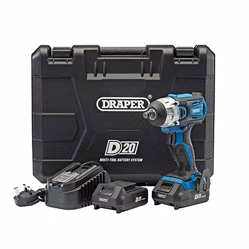Draper 55343 D20 20V Brushless 1/2 inch Mid-Torque Impact Wrench in Blue with 2x Rechargeable Batteries