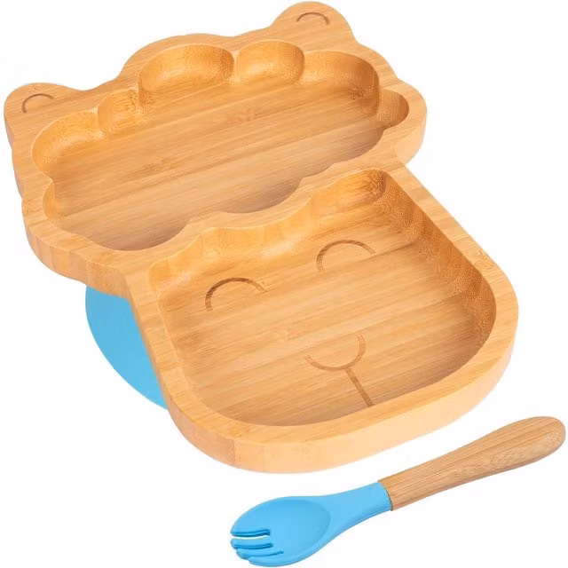 Tiny Dining Bamboo Divided Toddler Weaning Plate and Fork Set in Blue with Llama Design